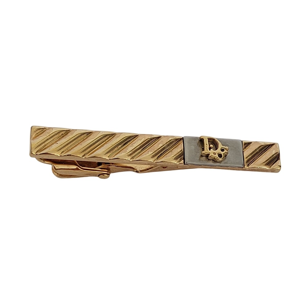 Christian Dior Vintage Gold Tone Diagonal Ribbed CD Logo Tie Clip Germany